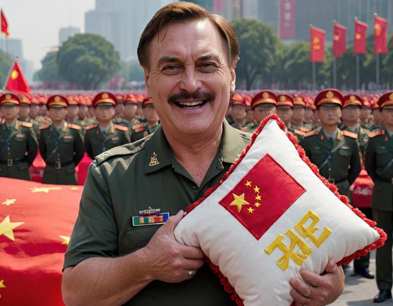 00202-mikelindell person holding a pillow embroidered with the Chinese flag, at a Chinese Military parade.  _lora_MyPillow Mike Lindel.png